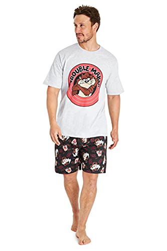 Looney Tunes Pijama Hombre Verano, Pijama Corto Hombre Algodón De Taz, Tallas Grandes S-3XL (L, Gris/Negro)