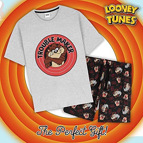 Looney Tunes Pijama Hombre Verano, Pijama Corto Hombre Algodón De Taz, Tallas Grandes S-3XL (L, Gris/Negro)