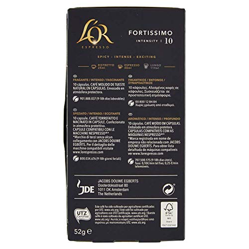 L'Or Espresso Café Fortissimo Intensidad 10 - 50 cápsulas de aluminio compatibles con máquinas Nespresso (R)* (5 Paquetes de 10 cápsulas)