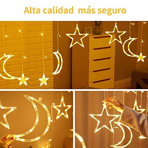 Luces Cadena Estrellas y Lunas [138LEDs, 3.5M] Luz Cuerda de Hadas a Pilas Iluminación Reyes Decorativa Cortina con Bombillas Impermeable para Interior Exterior en Jardín Patio Habitación Ramadan