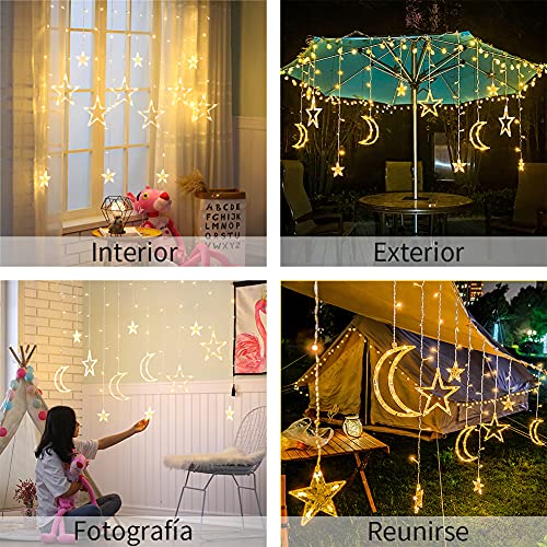 Luces Cadena Estrellas y Lunas [138LEDs, 3.5M] Luz Cuerda de Hadas a Pilas Iluminación Reyes Decorativa Cortina con Bombillas Impermeable para Interior Exterior en Jardín Patio Habitación Ramadan