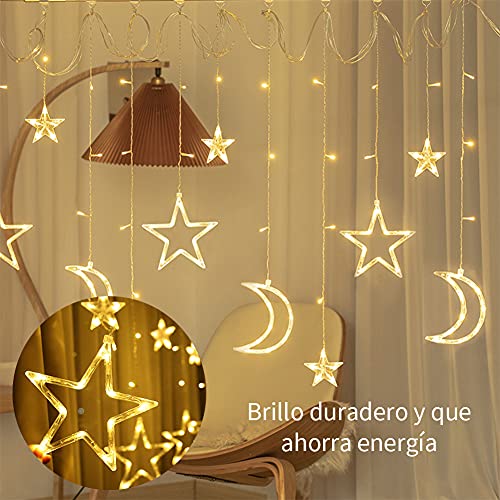 Luces Cadena Estrellas y Lunas [138LEDs, 3.5M] Luz Cuerda de Hadas a Pilas Iluminación Reyes Decorativa Cortina con Bombillas Impermeable para Interior Exterior en Jardín Patio Habitación Ramadan