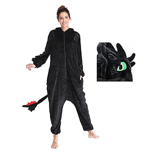 Makcoo Pijama de Invierno Unisex, Dinosaurio, Negro, para Adulto, Anime, Ropa de Dormir, Cremallera, Disfraz de dragón desdentado-Negro_S