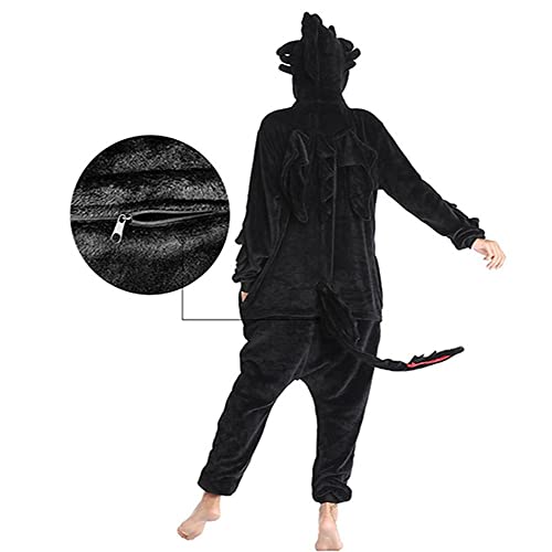 Makcoo Pijama de Invierno Unisex, Dinosaurio, Negro, para Adulto, Anime, Ropa de Dormir, Cremallera, Disfraz de dragón desdentado-Negro_S