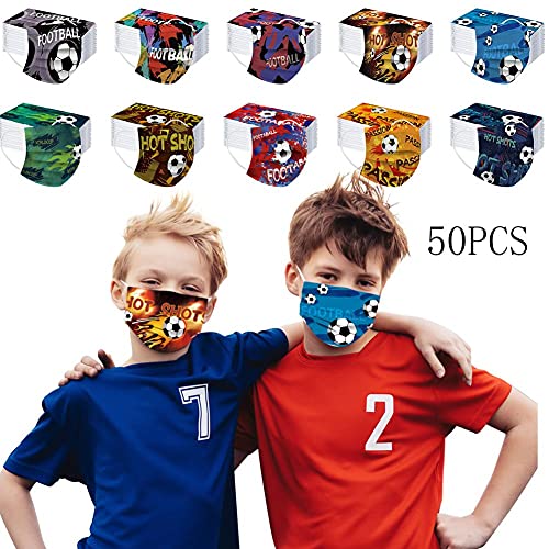 MaNMaNing Mascarillas Niños Infantil, Impresión de fútbol, 50 Unidades con Elástico para Los Oídos (L)