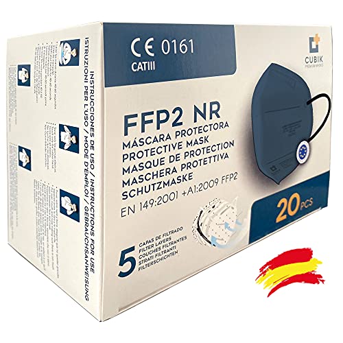 Mascarilla FFP2 Azul Homologada, 20 unidades, Fabricación 100% Española, Alta eficiencia 5 capas, talla única, CE 0161, EN 149: 2001+A1:2009