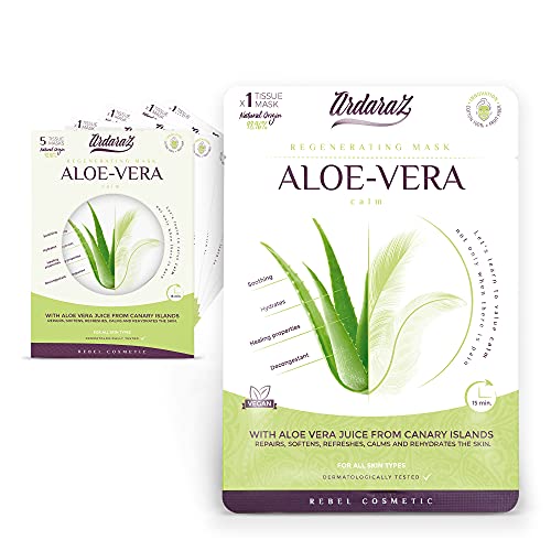 Mascarillas faciales Hidratantes Calmantes con Aloe Vera Canario. Mascarillas faciales Pack de 5. Potente acción Hidratante y Refrescante. Tejido Natural de Fibra de Frutas