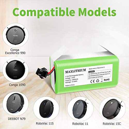 maxlithium Batería Compatible con Conga Excellence 990 950 1090 Deebot N79 Eufy RoboVac 11 11S 30 30C 12 35C, 14.4V 2600mAh Li-Ion Batería de Reemplazo con Cepillo