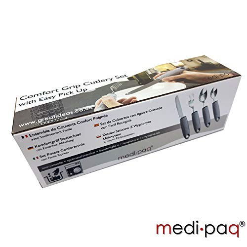 Medipaq Set de Cubiertos Cómodo Agarre – Cubiertos para Discapacitados – Cubiertos para Personas Mayores e Inválidos – Cubiertos Estables para Personas con Temblores – 1x Juego de Cubiertos - Gris