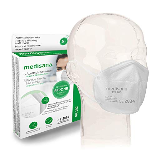 medisana FFP2 mascarilla de protección, RM 100, mascarilla respiratoria, contra el polvo, 5 piezas empaquetadas individualmente en bolsa de PE con clip - certificado CE2834 - UE 2016/425