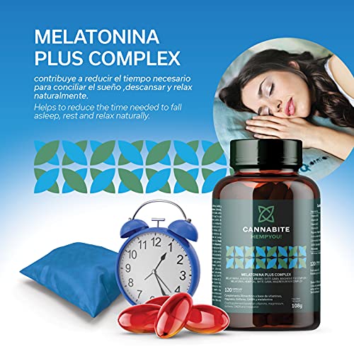 MELATONINA PLUS COMPLEX 120 Cápsulas | Aceite de semilla Cáñamo Virgen | 5HTP | GABARelax | Magnesio Marino | Vitaminas B COMPLEX | 3X Absorbible | Alta Biodisponiblidad | Relax y Descanso