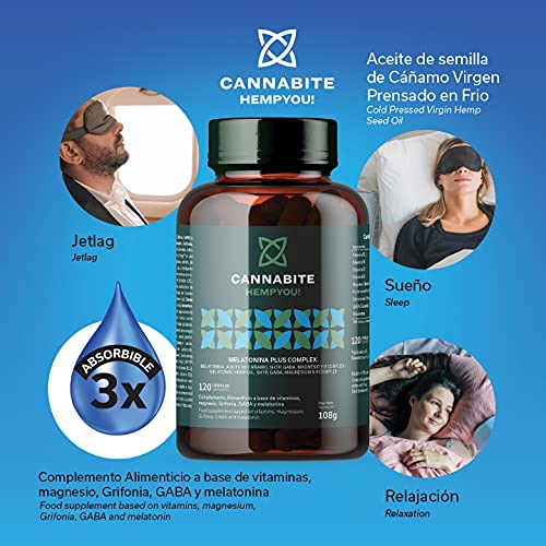 MELATONINA PLUS COMPLEX 120 Cápsulas | Aceite de semilla Cáñamo Virgen | 5HTP | GABARelax | Magnesio Marino | Vitaminas B COMPLEX | 3X Absorbible | Alta Biodisponiblidad | Relax y Descanso