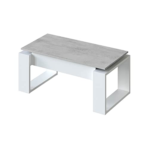 Mesa de Centro Elevable, Mesita de Salon, Comedor, Modelo Nova, Acabado en Blanco Artik y Cemento, Medidas: 105 cm (Largo) x 55 cm (Ancho) x 45-54 cm (Alto)