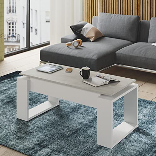 Mesa de Centro Elevable, Mesita de Salon, Comedor, Modelo Nova, Acabado en Blanco Artik y Cemento, Medidas: 105 cm (Largo) x 55 cm (Ancho) x 45-54 cm (Alto)