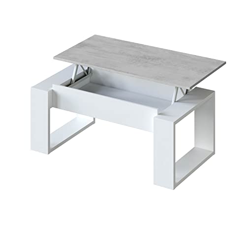 Mesa de Centro Elevable, Mesita de Salon, Comedor, Modelo Nova, Acabado en Blanco Artik y Cemento, Medidas: 105 cm (Largo) x 55 cm (Ancho) x 45-54 cm (Alto)