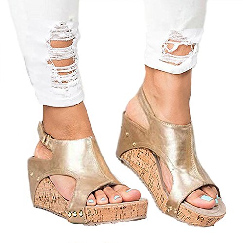 Minetom Sandalias De Mujer,Mujer Verano Dulce Encaje Arco Floral Sandalias con Cuña Peep Toe Cabeza Pescado Zapatos De Tacón Alto Chancletas Zapatillas Sandalias Romanas De Mujer Oro EU 38