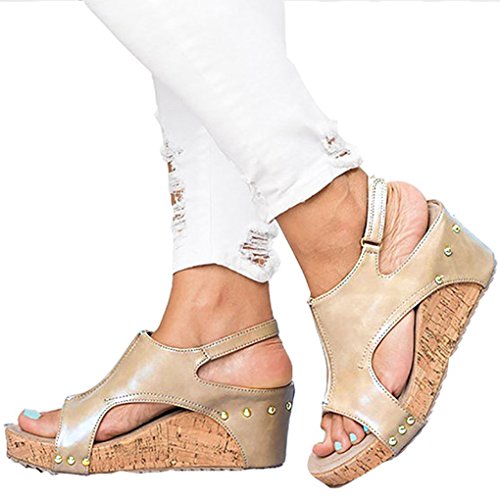 Minetom Sandalias De Mujer,Mujer Verano Dulce Encaje Arco Floral Sandalias con Cuña Peep Toe Cabeza Pescado Zapatos De Tacón Alto Chancletas Zapatillas Sandalias Romanas De Mujer Oro EU 38