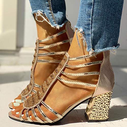 Minetom Sandalias Mujer Bombas Tacones De Bloque Tacones Altos Zapatos Verano Sandalias con Cremallera Fiesta Ocio Boda Noche Sandalias A Dorado 36 EU