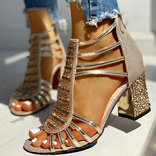 Minetom Sandalias Mujer Bombas Tacones De Bloque Tacones Altos Zapatos Verano Sandalias con Cremallera Fiesta Ocio Boda Noche Sandalias A Dorado 36 EU