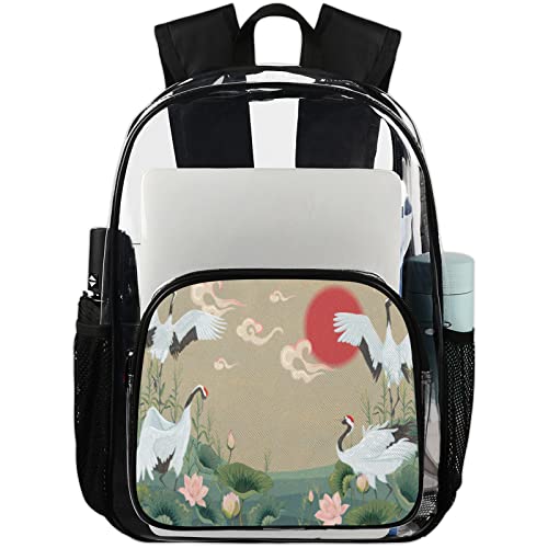 Mochila transparente de aves de grúa japonesa, grande, impermeable, para escuela, mochila, transparente, casual, mochila de viaje