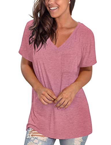 MOLERANI Camiseta Lisa para Mujer de Manga Corta Camisetas holgadas de Verano Camisetas con Cuello en V Rosa S