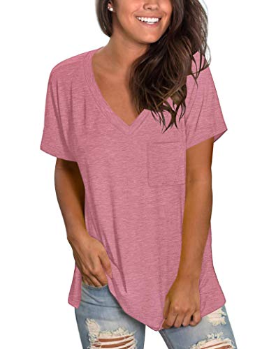 MOLERANI Camiseta Lisa para Mujer de Manga Corta Camisetas holgadas de Verano Camisetas con Cuello en V Rosa S