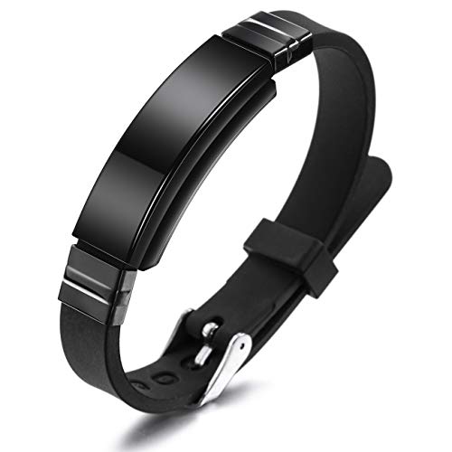 MOWOM Medical Pulsera Personalizada de Silicona grabada ID de identificación Deportiva Ajustable Identificación para Hombres Mujeres Niños Acero Inoxidable (Negro, Personalizar*)