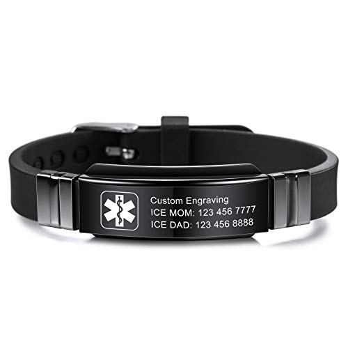 MOWOM Medical Pulsera Personalizada de Silicona grabada ID de identificación Deportiva Ajustable Identificación para Hombres Mujeres Niños Acero Inoxidable (Negro, Personalizar*)