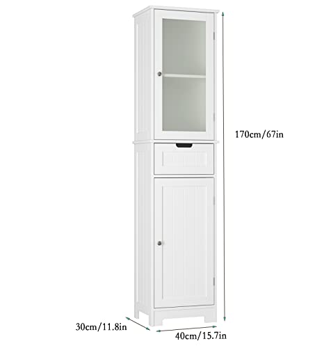 Mueble Columna Baño Armario Alto para Baño con 4 Estantes de Altura Ajustable y 1 Cajón de Madera Color Blanco 40 x 30 x 170 cm