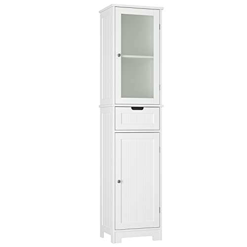 Mueble Columna Baño Armario Alto para Baño con 4 Estantes de Altura Ajustable y 1 Cajón de Madera Color Blanco 40 x 30 x 170 cm