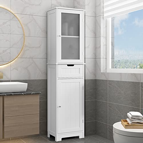 Mueble Columna Baño Armario Alto para Baño con 4 Estantes de Altura Ajustable y 1 Cajón de Madera Color Blanco 40 x 30 x 170 cm