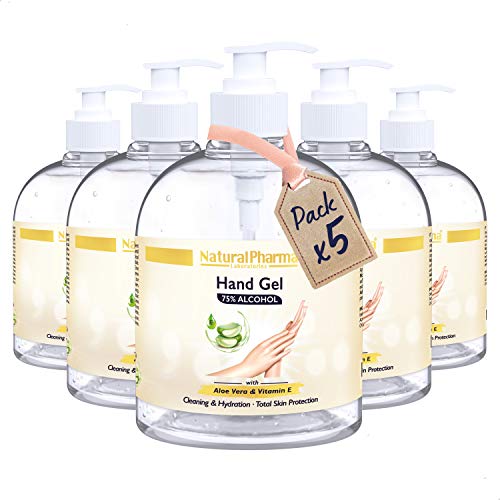 Natural Pharma Laboratories Gel Hidroalcohólico de Manos, Pack 5x500 ml. Fórmula Activa al 75%. Gel Higienizante con Aloe Vera y Vitamina E. Máxima Protección.