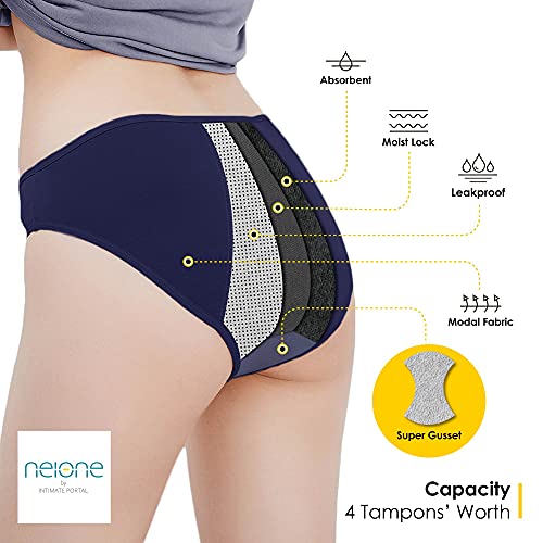 Neione Mujer Bragas Menstruales Absorbentes Flujo Abundante Ropa Interior Bikini para la Periodo Regla Menstruación PK de 3 Negro M