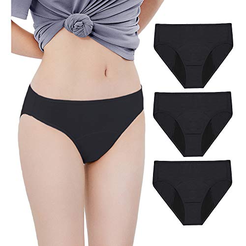 Neione Mujer Bragas Menstruales Absorbentes Flujo Abundante Ropa Interior Bikini para la Periodo Regla Menstruación PK de 3 Negro M