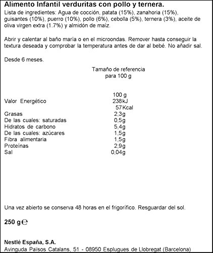 NESTLÉ Purés Tarrito de puré de verduras y carne, variedad Verduritas con Pollo y Ternera - Para bebés a partir de 6 meses - Tarrito de 250g