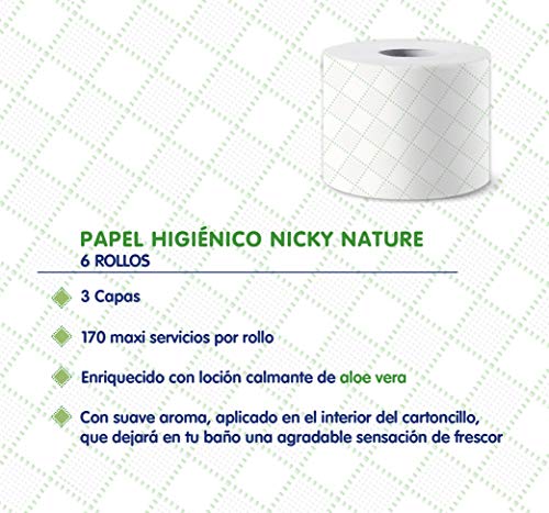 Nicky Nature Papel Higiénico | 6 Rollos | 3 Capas, 170 Servicios Por Rollo | Enriquecido Con Loción De Aloe Vera | Papel 100% Certificado Fsc, color Blanco, 100 ml