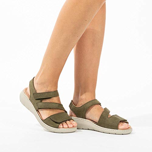 Nieves Kaki 41 EU- Sandalia Ligera Ancha y cómoda con Velcro - Mujer - Plantilla extraíble y recambiable - Piel ecológica sin Cromo - Forradas de Piel