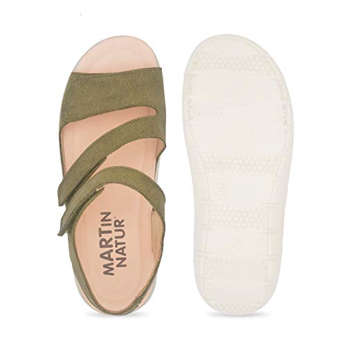 Nieves Kaki 41 EU- Sandalia Ligera Ancha y cómoda con Velcro - Mujer - Plantilla extraíble y recambiable - Piel ecológica sin Cromo - Forradas de Piel