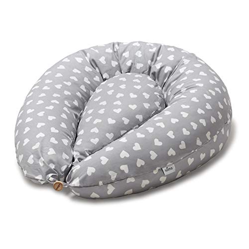 Niimo Almohada Embarazo y Cojin Lactancia Bebe + Soft Cojìn Dormir y Abrazar Funda Cojines 100% Algodon Desenfundable y Lavable (Gris - Corazon Blanco)