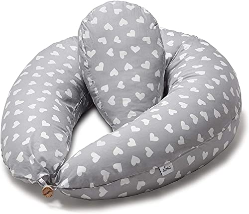 Niimo Almohada Embarazo y Cojin Lactancia Bebe + Soft Cojìn Dormir y Abrazar Funda Cojines 100% Algodon Desenfundable y Lavable (Gris - Corazon Blanco)