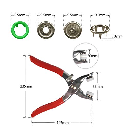 OFNMY Juegos de 200pcs Corchetes de Presión Herramienta de Alicates de Anillo de Metal Botones de Presión de Manualidades 9.5mm