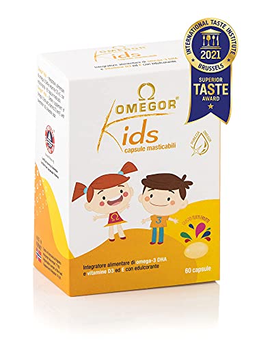 Omegor Kids - Cápsulas Blandas, en Gelatina de Pescado, Endulzadas y Masticables, 250 mg de omega-3 DHA, 60 Cápsulas