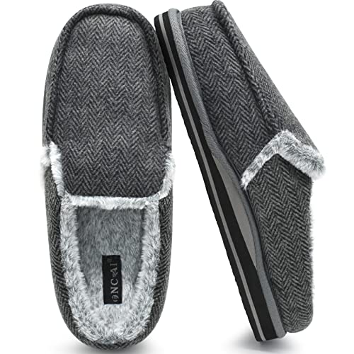 ONCAI Zapatillas de Casa para Hombre Ortopédicas Comodidad de Invierno Felpa Pantuflas Raya Soporte de Arco Suela Antideslizantes de Espuma de Memoria Zapatos Negro Talla 43