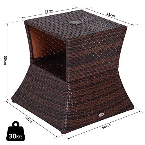 Outsunny Mesa de Centro Ratán con Agujero para Sombrilla Mesita de Café Té Mesa Auxiliar para Exterior Terraza Patio 54x54x55cm