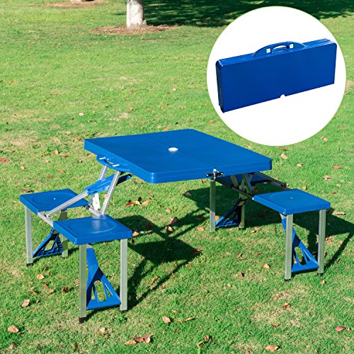 Outsunny Mesa Maleta de Camping Plegable Portátil 4 Asientos y Agujero Sombrilla Estructura Aluminio Playa Picnic 84.5x64.5x66cm (Azul)