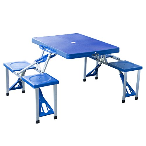 Outsunny Mesa Maleta de Camping Plegable Portátil 4 Asientos y Agujero Sombrilla Estructura Aluminio Playa Picnic 84.5x64.5x66cm (Azul)