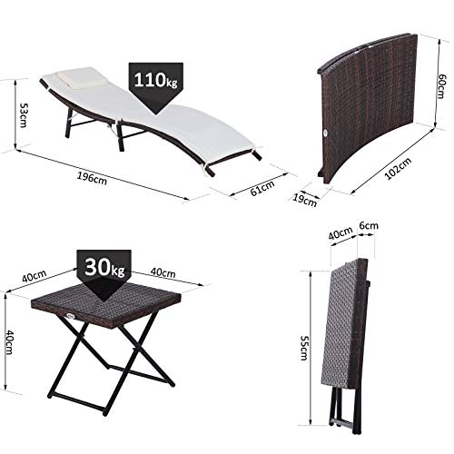 Outsunny Set de 2 Tumbonas 196x61x53cm con Mesita Plegable 40x40x40cm de Ratán para Jardín Exterior con Cojines Beige y Marrón