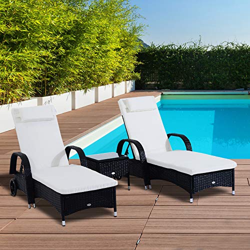 Outsunny Set de 2 Tumbonas Chaise Longue + 1 Mesa de Ratan para Jardín o Terraza Sillas con Cojín y Respaldo Ajustable a 5 Niveles (Negro)