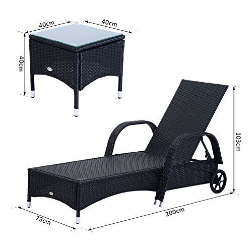 Outsunny Set de 2 Tumbonas Chaise Longue + 1 Mesa de Ratan para Jardín o Terraza Sillas con Cojín y Respaldo Ajustable a 5 Niveles (Negro)