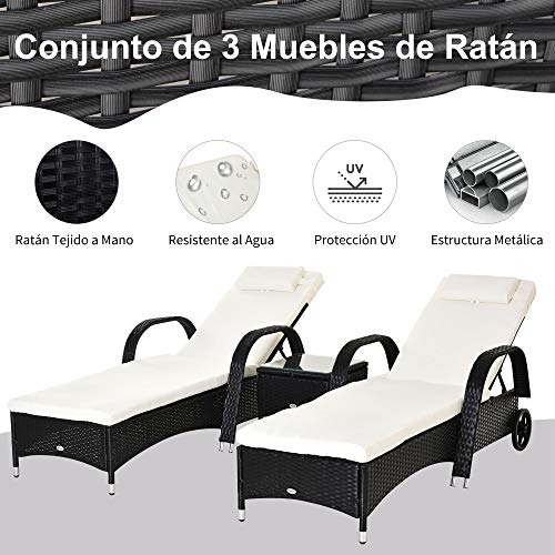 Outsunny Set de 2 Tumbonas Chaise Longue + 1 Mesa de Ratan para Jardín o Terraza Sillas con Cojín y Respaldo Ajustable a 5 Niveles (Negro)